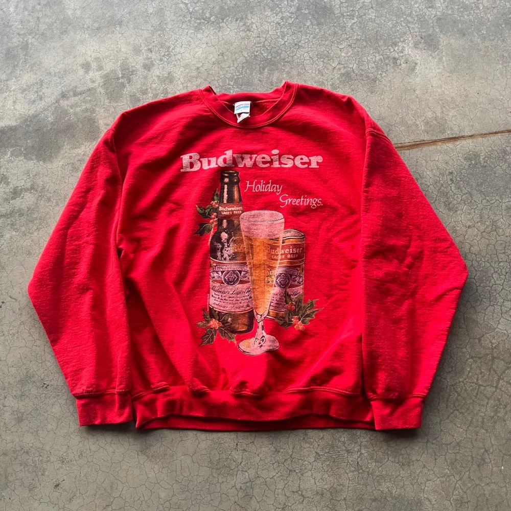 Budweiser Holiday Greetings Sweatshirt Junk Food Tees Red Crewneck Mens Large